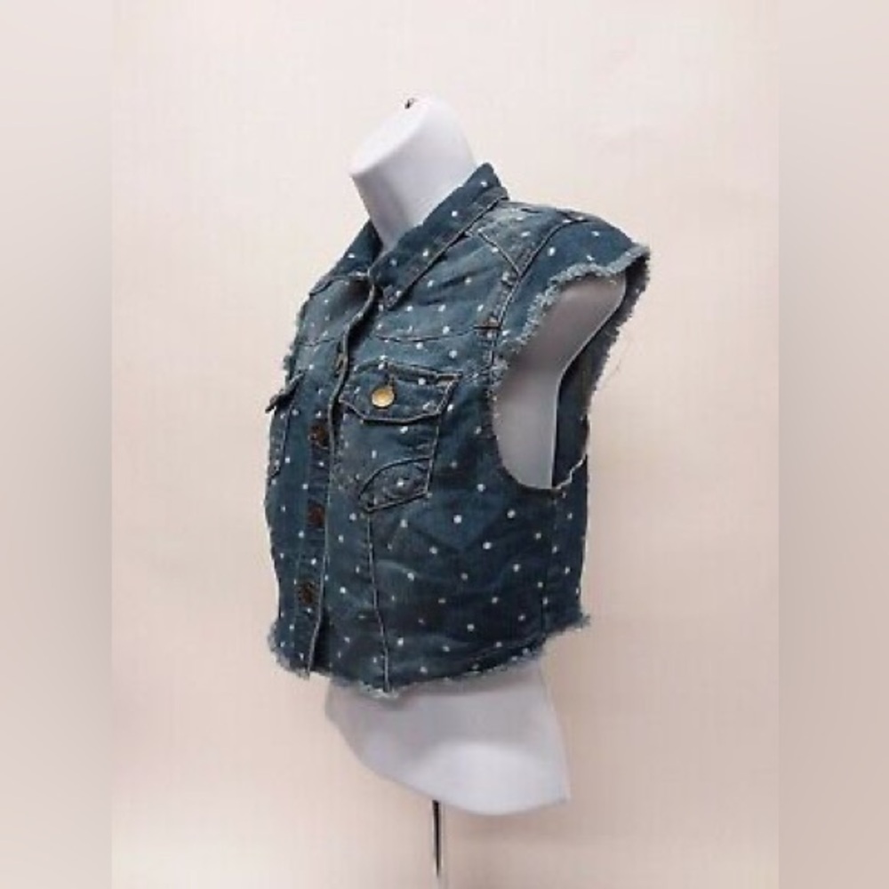 No Boundaries Juniors Denim Polka Dot Vest Cap Sleeve Jacket 3-5 XS X Small (A5)